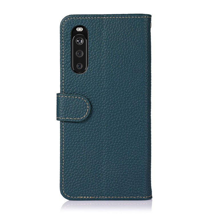 KHAZNEH for Sony Xperia 10 III 5G Wallet Design Litchi Texture Top Layer Genuine Leather Shell Cell Phone Stand Case - Green