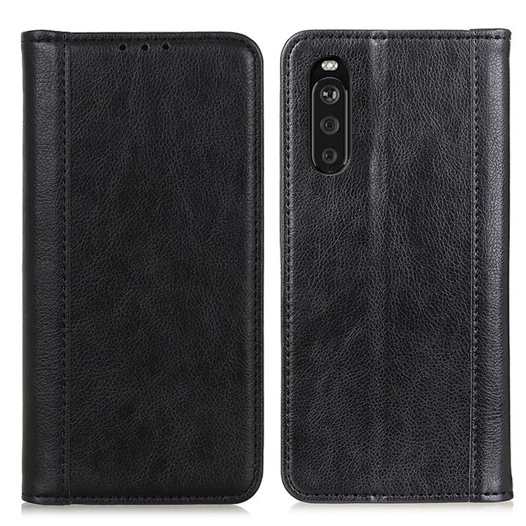 Auto-absorbed Litchi Texture Split Leather Wallet Shell Case Cover for Sony Xperia 10 III 5G - Black