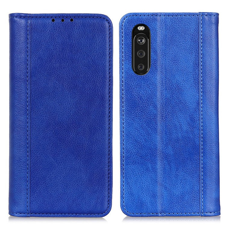 Auto-absorbed Litchi Texture Split Leather Wallet Shell Case Cover for Sony Xperia 10 III 5G - Blue