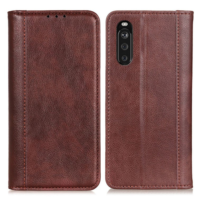 Auto-absorbed Litchi Texture Split Leather Wallet Shell Case Cover for Sony Xperia 10 III 5G - Brown