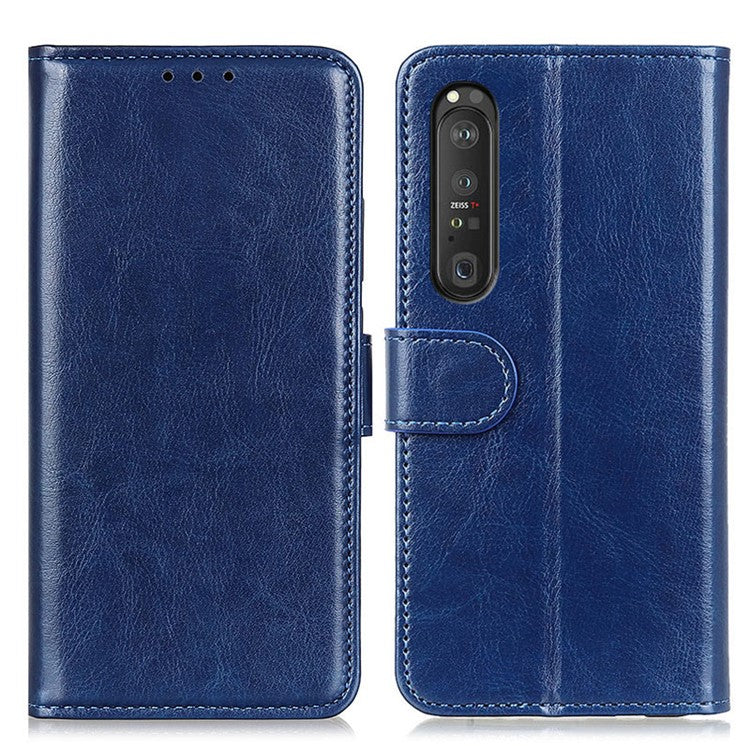Crazy Horse ID&Credit Card Pockets Wallet Leather Case for Sony Xperia 1 III 5G Phone Protective Cover - Blue