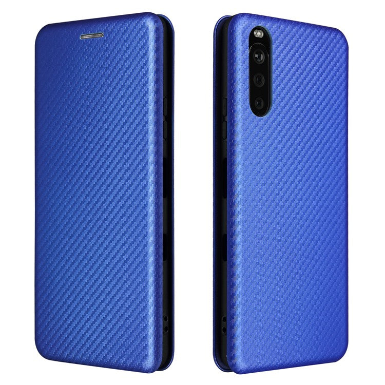 Auto-absorbed Anti-scratch Carbon Fiber Texture Cell Phone Stand Cover for Sony Xperia 10 III 5G Leather Case - Blue