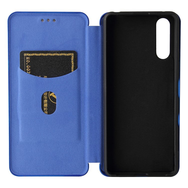 Auto-absorbed Anti-scratch Carbon Fiber Texture Cell Phone Stand Cover for Sony Xperia 10 III 5G Leather Case - Blue