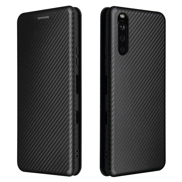 Auto-absorbed Anti-scratch Carbon Fiber Texture Cell Phone Stand Cover for Sony Xperia 10 III 5G Leather Case - Black