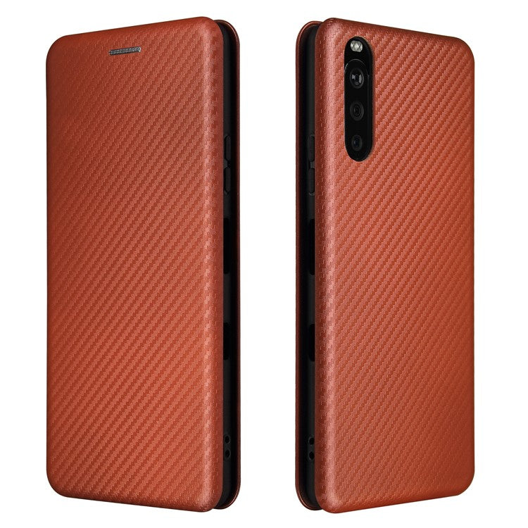 Auto-absorbed Anti-scratch Carbon Fiber Texture Cell Phone Stand Cover for Sony Xperia 10 III 5G Leather Case - Orange