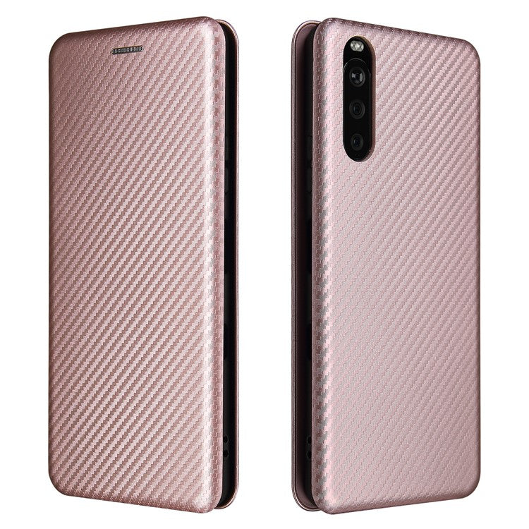 Auto-absorbed Anti-scratch Carbon Fiber Texture Cell Phone Stand Cover for Sony Xperia 10 III 5G Leather Case - Rose Gold