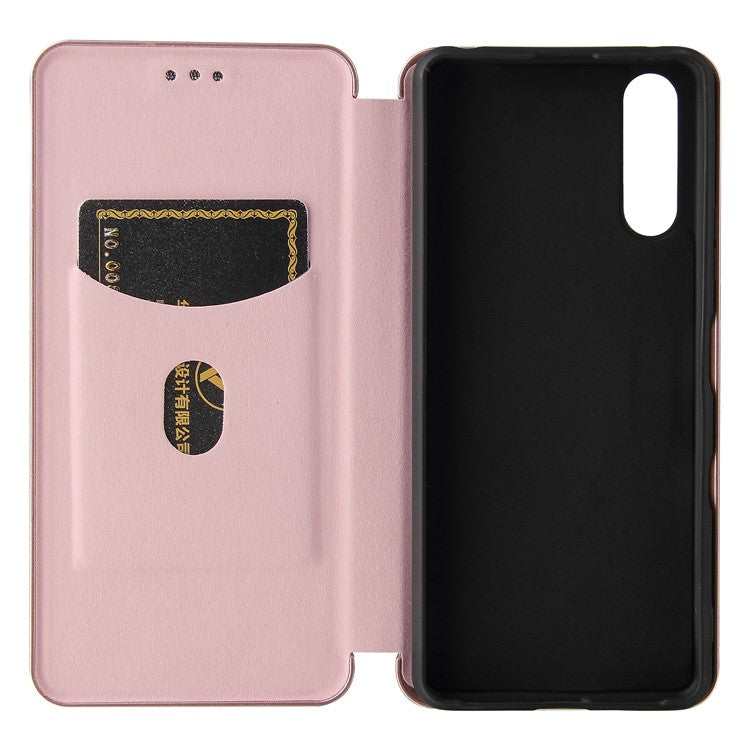 Auto-absorbed Anti-scratch Carbon Fiber Texture Cell Phone Stand Cover for Sony Xperia 10 III 5G Leather Case - Rose Gold