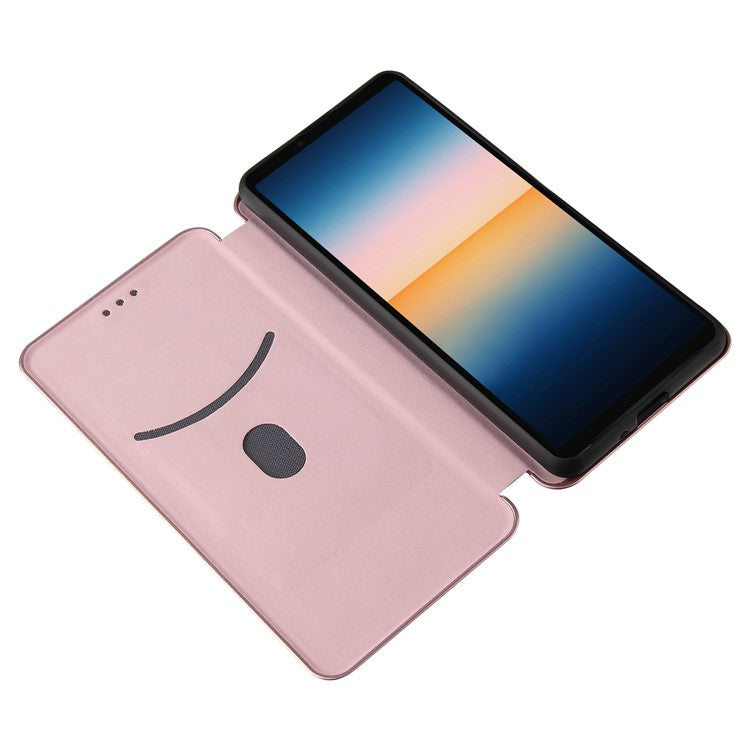Auto-absorbed Anti-scratch Carbon Fiber Texture Cell Phone Stand Cover for Sony Xperia 10 III 5G Leather Case - Rose Gold