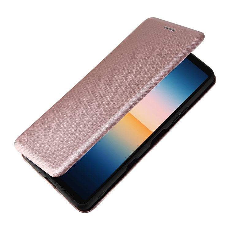 Auto-absorbed Anti-scratch Carbon Fiber Texture Cell Phone Stand Cover for Sony Xperia 10 III 5G Leather Case - Rose Gold