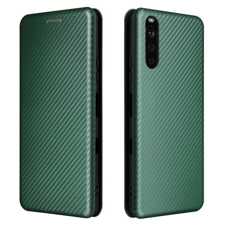 Auto-absorbed Anti-scratch Carbon Fiber Texture Cell Phone Stand Cover for Sony Xperia 10 III 5G Leather Case - Green