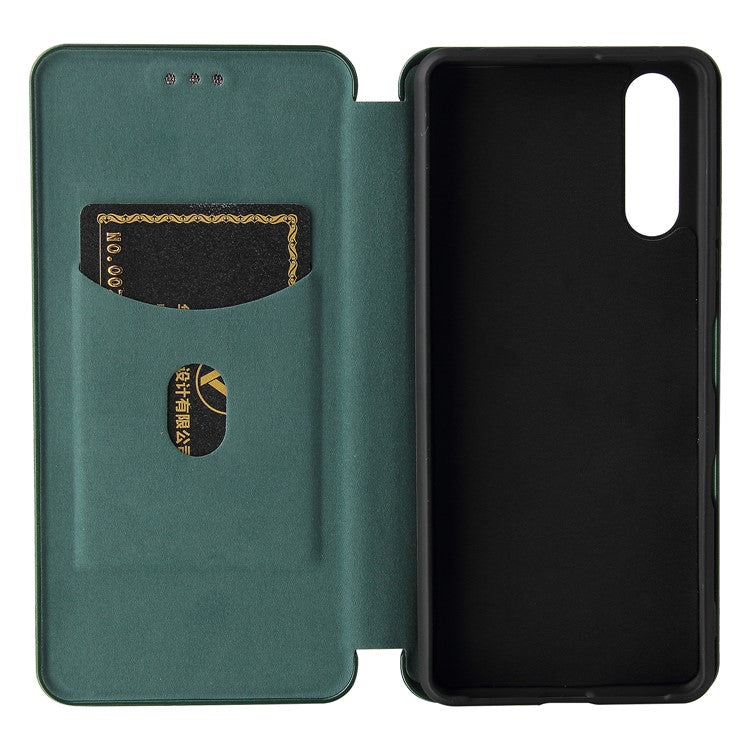 Auto-absorbed Anti-scratch Carbon Fiber Texture Cell Phone Stand Cover for Sony Xperia 10 III 5G Leather Case - Green