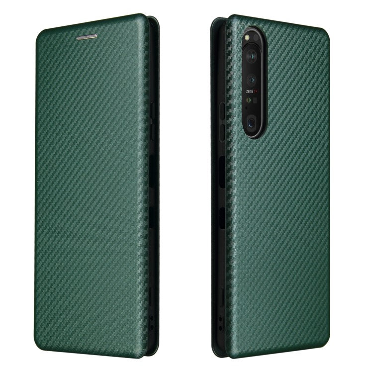 Carbon Fiber Texture Auto-absorbed Cell Phone Stand Cover for Sony Xperia 1 III 5G Leather Case - Green