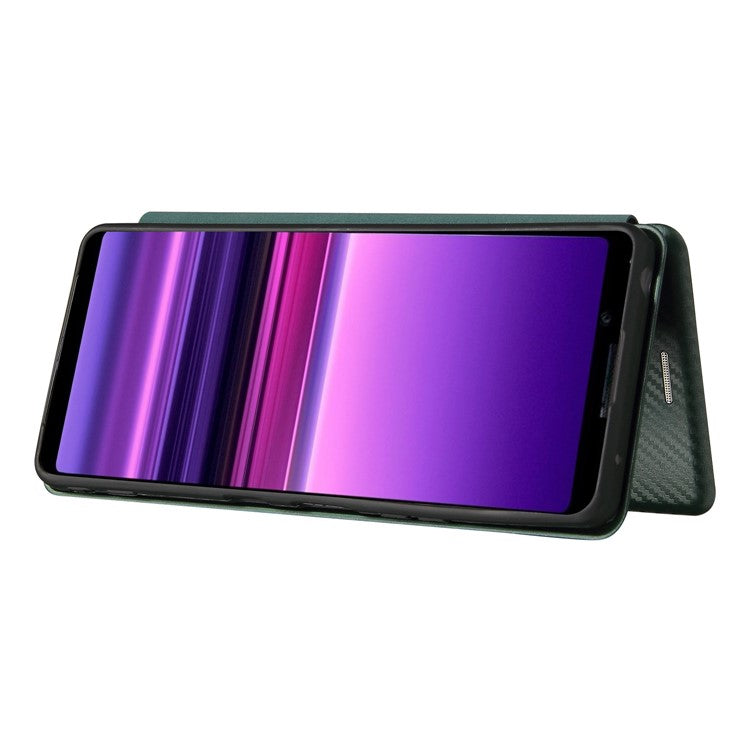 Carbon Fiber Texture Auto-absorbed Cell Phone Stand Cover for Sony Xperia 1 III 5G Leather Case - Green