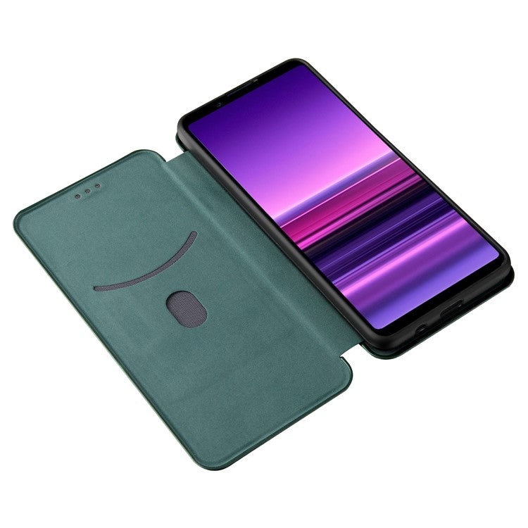 Carbon Fiber Texture Auto-absorbed Cell Phone Stand Cover for Sony Xperia 1 III 5G Leather Case - Green
