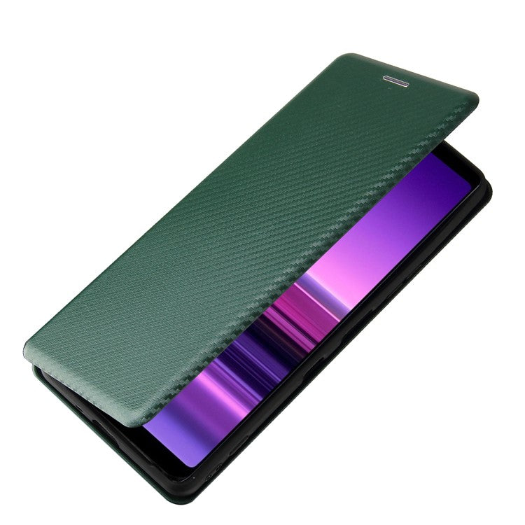 Carbon Fiber Texture Auto-absorbed Cell Phone Stand Cover for Sony Xperia 1 III 5G Leather Case - Green