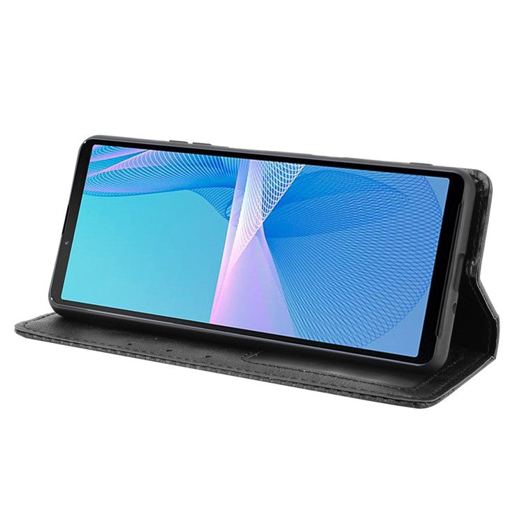 Magnetic Closure Vintage Style Phone Case Wallet Stand Leather Cover for Sony Xperia 10 III 5G - Black