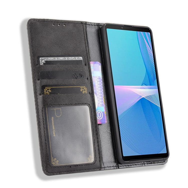 Magnetic Closure Vintage Style Phone Case Wallet Stand Leather Cover for Sony Xperia 10 III 5G - Black