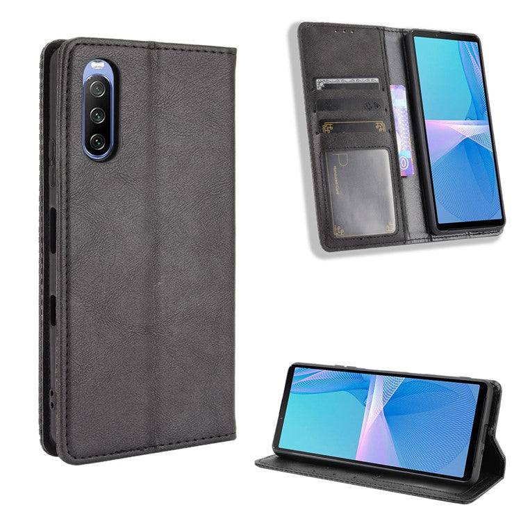 Magnetic Closure Vintage Style Phone Case Wallet Stand Leather Cover for Sony Xperia 10 III 5G - Black