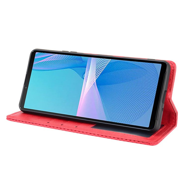 Magnetic Closure Vintage Style Phone Case Wallet Stand Leather Cover for Sony Xperia 10 III 5G - Red