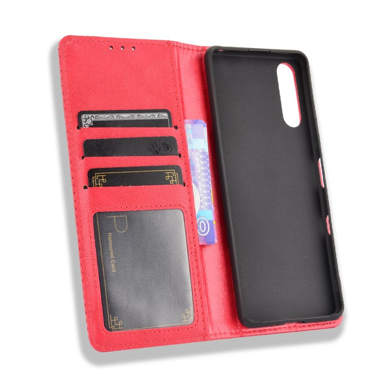 Magnetic Closure Vintage Style Phone Case Wallet Stand Leather Cover for Sony Xperia 10 III 5G - Red