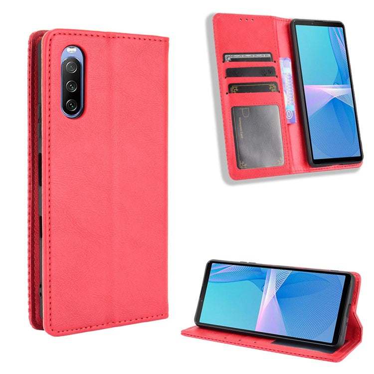 Magnetic Closure Vintage Style Phone Case Wallet Stand Leather Cover for Sony Xperia 10 III 5G - Red