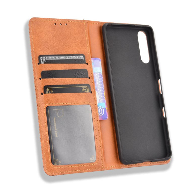 Magnetic Closure Vintage Style Phone Case Wallet Stand Leather Cover for Sony Xperia 10 III 5G - Brown