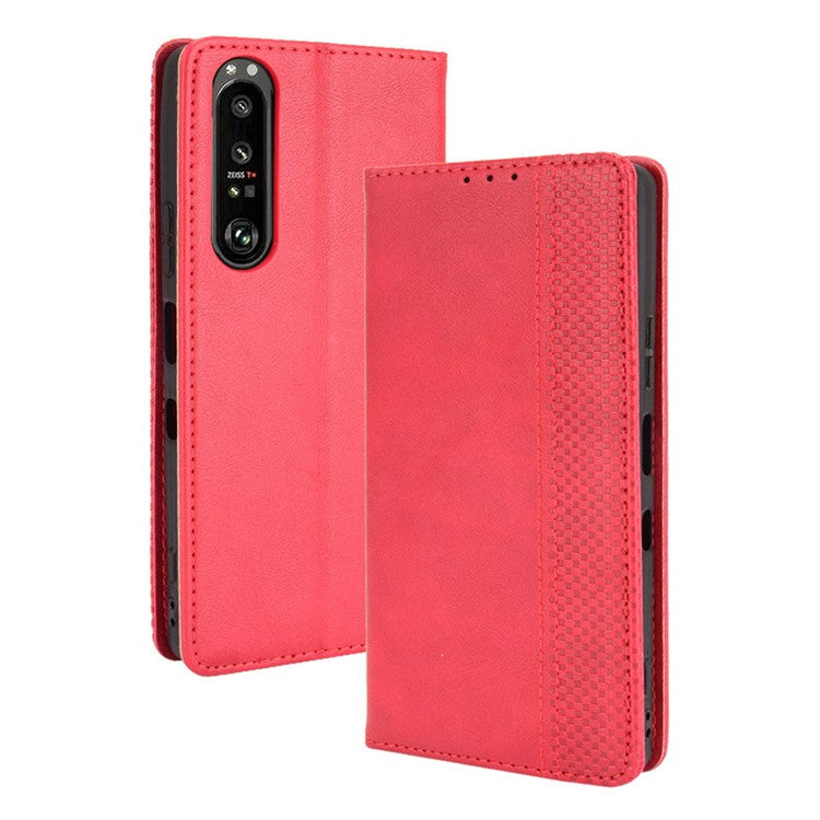 Vintage Style Magnetic Closure Leather Cell Phone Cover with Stand for Sony Xperia 1 III 5G - Red
