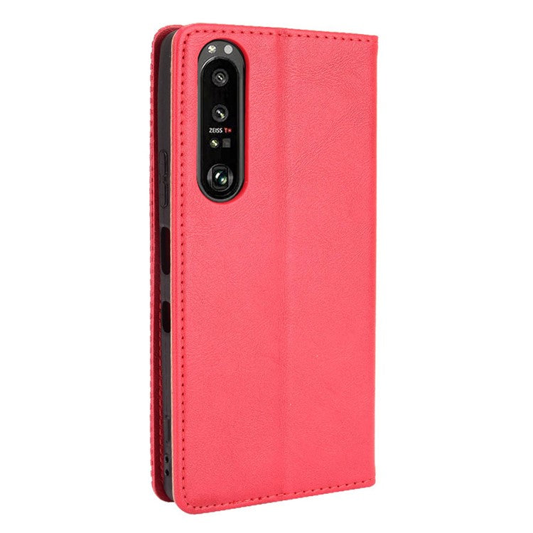 Vintage Style Magnetic Closure Leather Cell Phone Cover with Stand for Sony Xperia 1 III 5G - Red