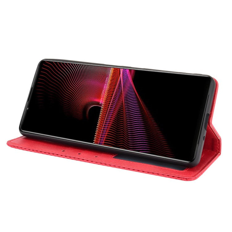 Vintage Style Magnetic Closure Leather Cell Phone Cover with Stand for Sony Xperia 1 III 5G - Red