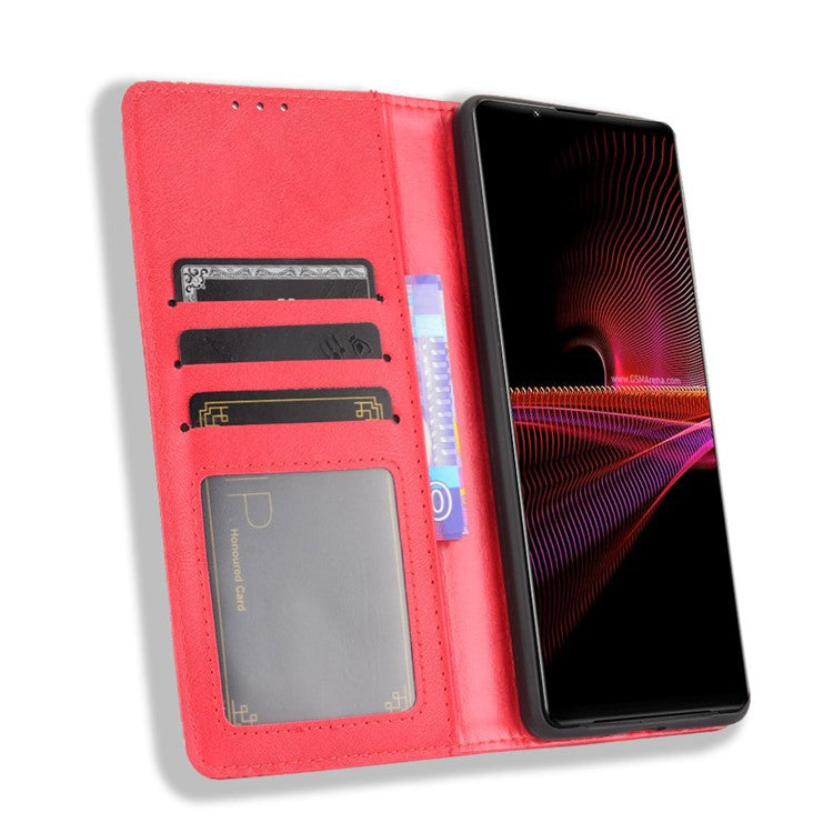 Vintage Style Magnetic Closure Leather Cell Phone Cover with Stand for Sony Xperia 1 III 5G - Red