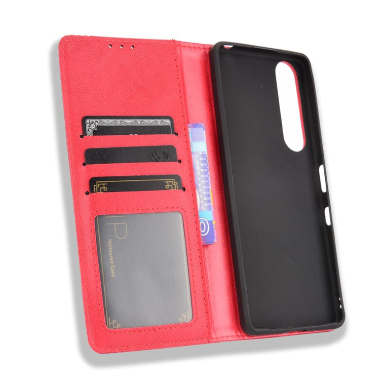 Vintage Style Magnetic Closure Leather Cell Phone Cover with Stand for Sony Xperia 1 III 5G - Red