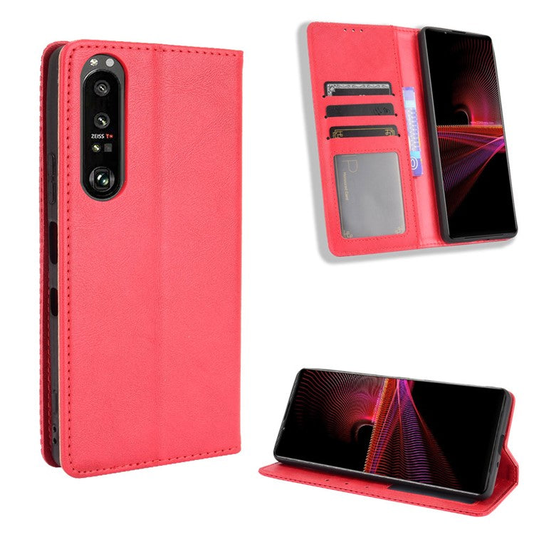 Vintage Style Magnetic Closure Leather Cell Phone Cover with Stand for Sony Xperia 1 III 5G - Red