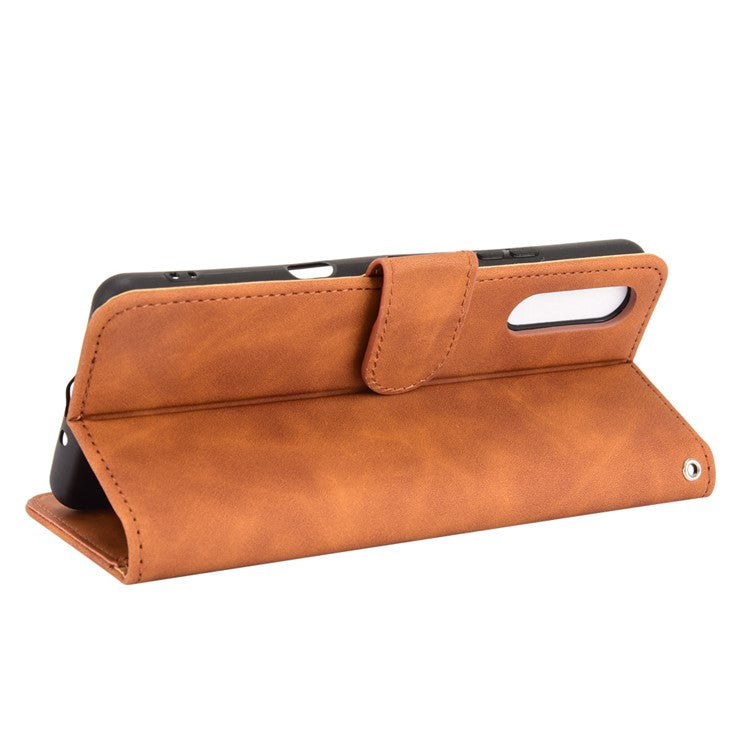 Skin-touch Feeling Leather Wallet Case Phone Cover with Supporting Stand for Sony Xperia 10 III 5G - Brown