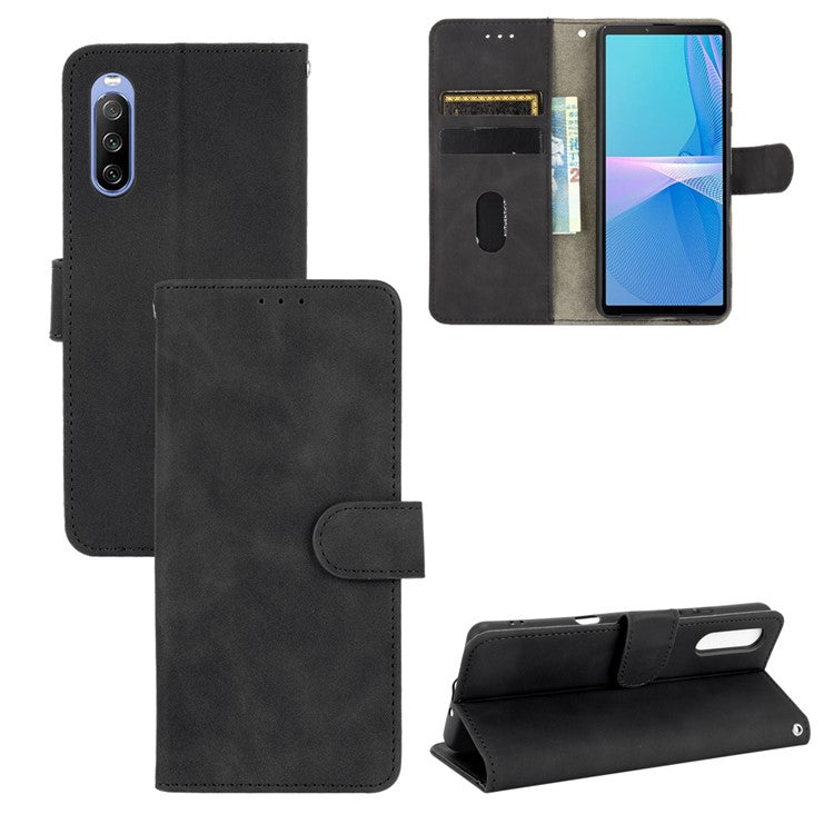 Skin-touch Feeling Leather Wallet Case Phone Cover with Supporting Stand for Sony Xperia 10 III 5G - Black
