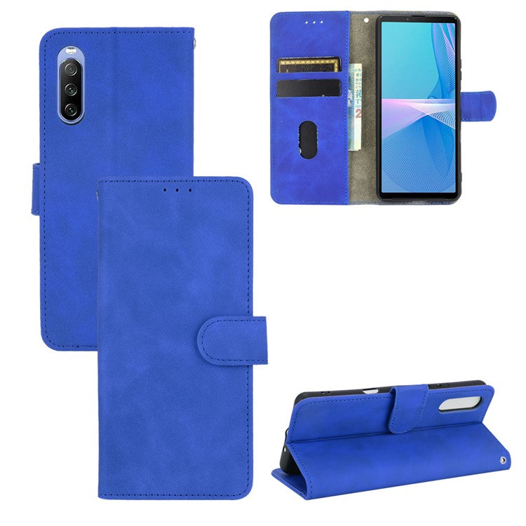 Skin-touch Feeling Leather Wallet Case Phone Cover with Supporting Stand for Sony Xperia 10 III 5G - Blue