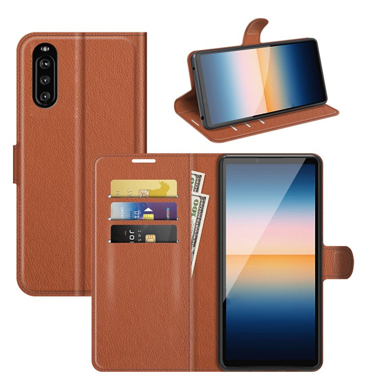 Litchi Skin Wallet Stand Leather Protection Case for Sony Xperia 10 III 5G / Xperia 10 III Lite - Brown