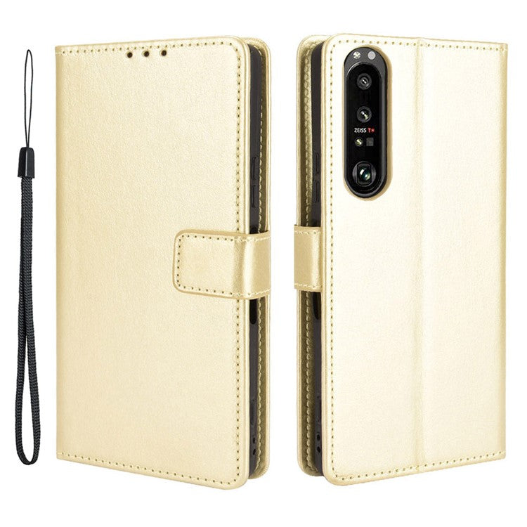 Crazy Horse Skin with Wallet Stand Leather Shell with Strap for Sony Xperia 1 III 5G - Gold
