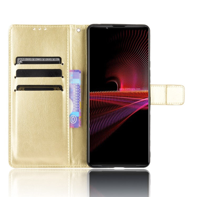 Crazy Horse Skin with Wallet Stand Leather Shell with Strap for Sony Xperia 1 III 5G - Gold