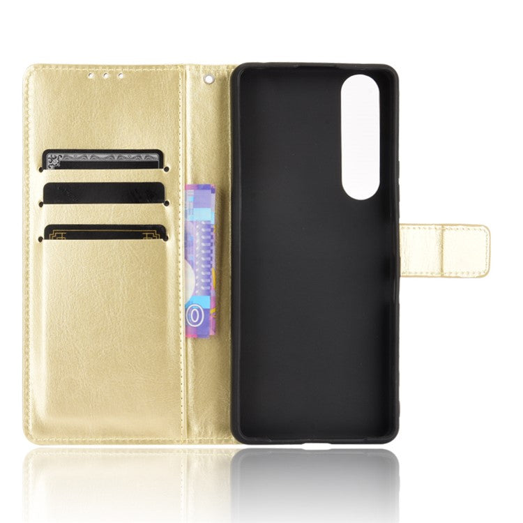 Crazy Horse Skin with Wallet Stand Leather Shell with Strap for Sony Xperia 1 III 5G - Gold