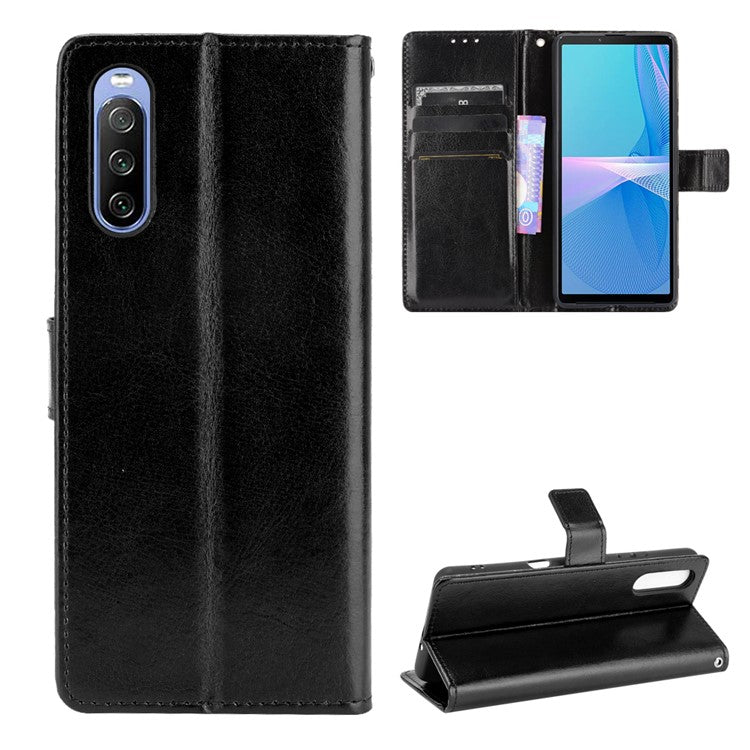 Crazy Horse Skin with Wallet Stand Leather Shell with Strap for Sony Xperia 10 III 5G - Black