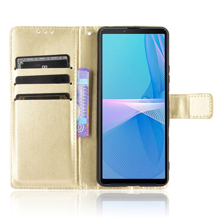 Crazy Horse Skin with Wallet Stand Leather Shell with Strap for Sony Xperia 10 III 5G - Gold