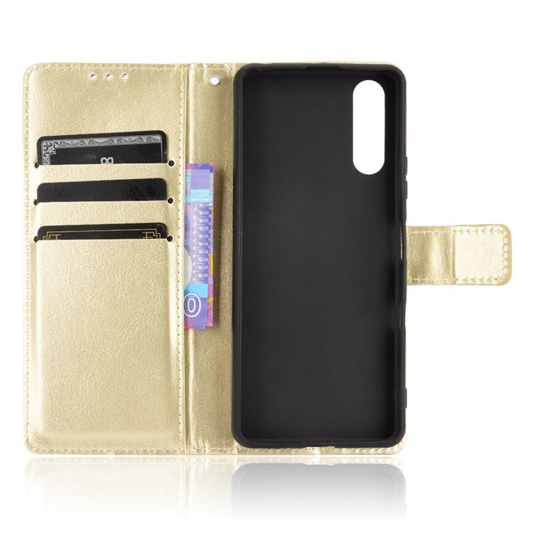 Crazy Horse Skin with Wallet Stand Leather Shell with Strap for Sony Xperia 10 III 5G - Gold