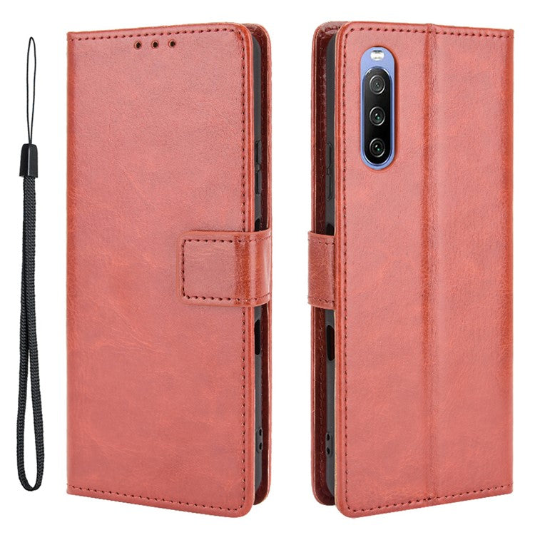 Crazy Horse Skin with Wallet Stand Leather Shell with Strap for Sony Xperia 10 III 5G - Brown