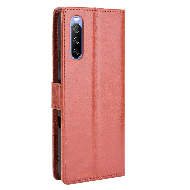 Crazy Horse Skin with Wallet Stand Leather Shell with Strap for Sony Xperia 10 III 5G - Brown