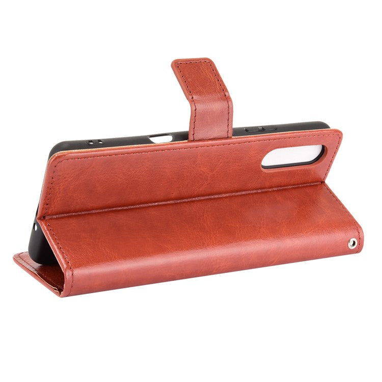 Crazy Horse Skin with Wallet Stand Leather Shell with Strap for Sony Xperia 10 III 5G - Brown