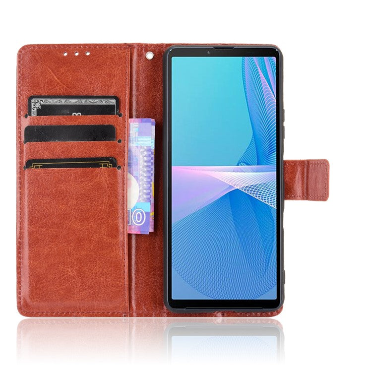 Crazy Horse Skin with Wallet Stand Leather Shell with Strap for Sony Xperia 10 III 5G - Brown