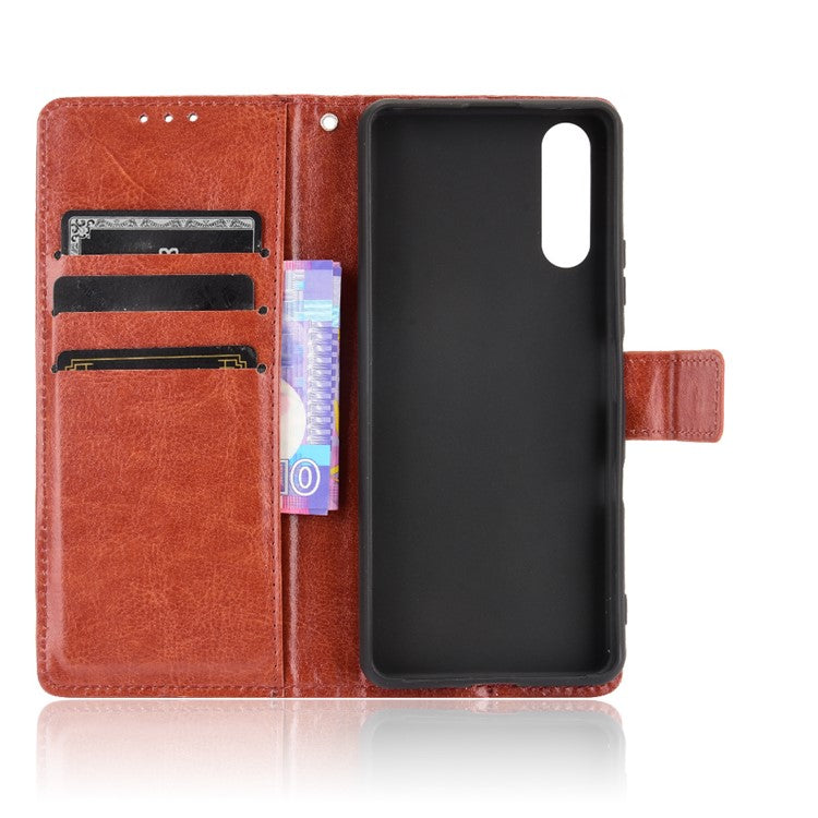 Crazy Horse Skin with Wallet Stand Leather Shell with Strap for Sony Xperia 10 III 5G - Brown