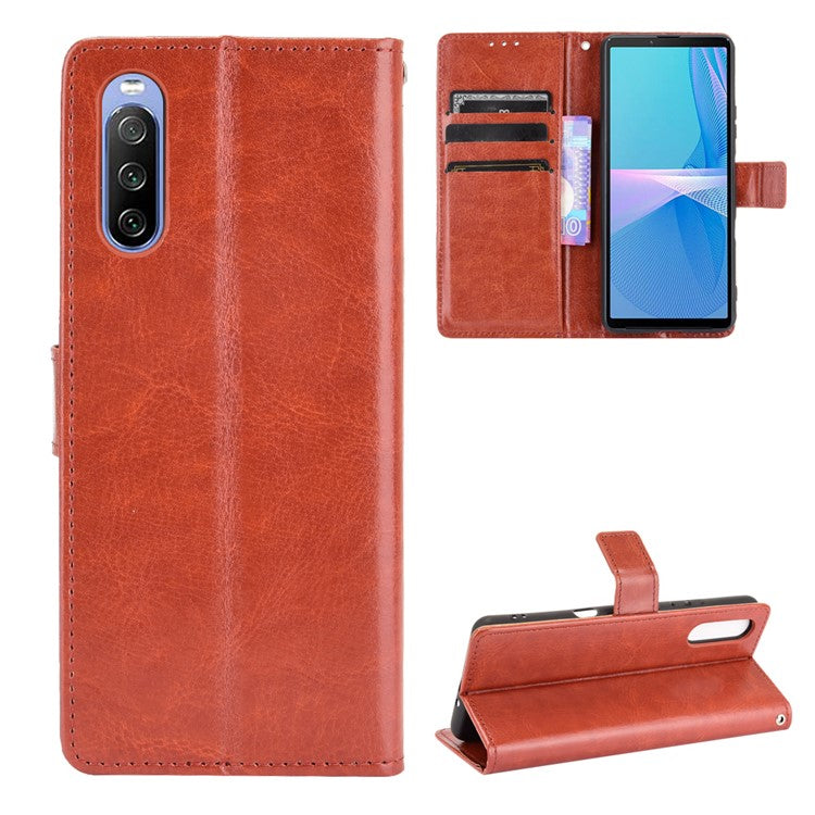Crazy Horse Skin with Wallet Stand Leather Shell with Strap for Sony Xperia 10 III 5G - Brown