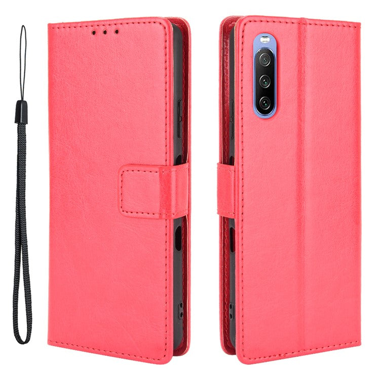 Crazy Horse Skin with Wallet Stand Leather Shell with Strap for Sony Xperia 10 III 5G - Red