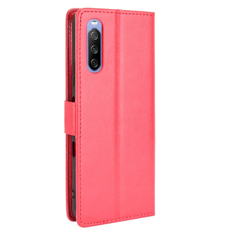 Crazy Horse Skin with Wallet Stand Leather Shell with Strap for Sony Xperia 10 III 5G - Red